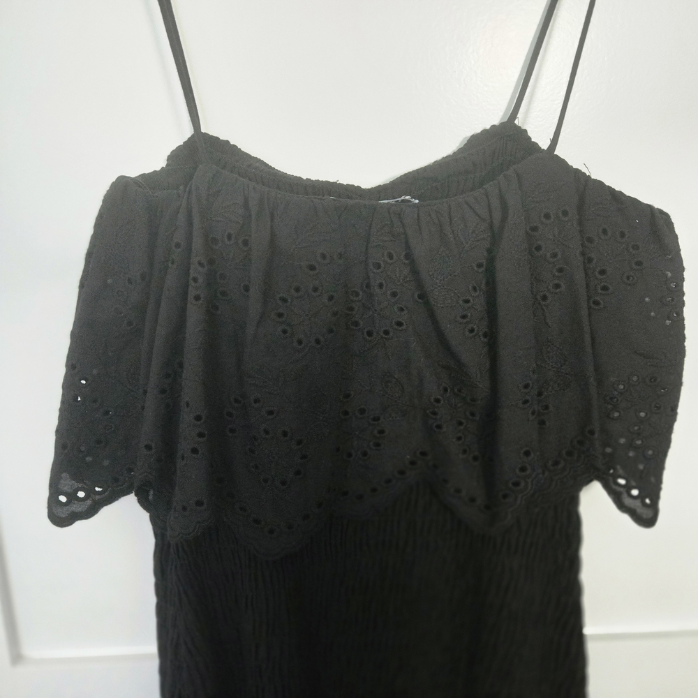 NWT Zara XS Black Spaghetti Strap Mini Dress Ruffled Top Stretch Rouch Bottom - Picture 9 of 11